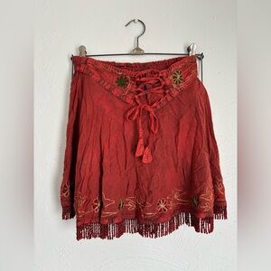 Bohemian Red Skirt with Embroidered Details